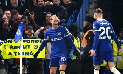 Chelsea's Mykhaylo Mudryk (left) celebrates scoring their side's third goal of the game with team-mate Cole Palmer during the Premier League match at Stamford Bridge.