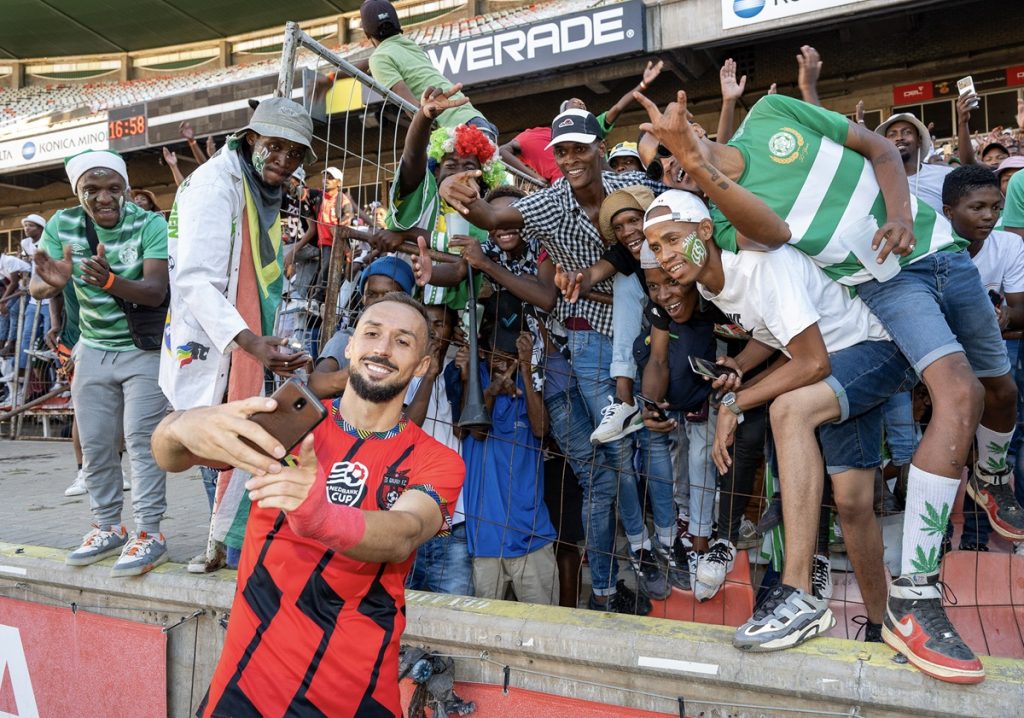 Samir Nurkovic of TS Galaxy takes photo with fans at the end of the 2024 Nedbank Cup last 16 game between D’General and TS Galaxy at Free State Stadium