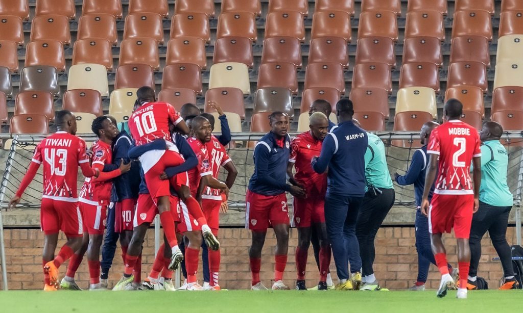 Maloisane Mokhele of Sekhukhune celebrates goal with teammates during the 2023/24 DStv Premiership match between Sekhukhune United and Royal AM at Peter Mokaba Stadium.