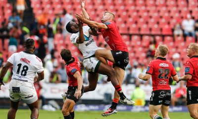 Richard Kriel of Emirates Lions in action with Aphelele Fassi of Hollywoodbets Sharks BKT United Rugby Championship, Emirates Airlines Park.