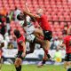 Richard Kriel of Emirates Lions in action with Aphelele Fassi of Hollywoodbets Sharks BKT United Rugby Championship, Emirates Airlines Park.