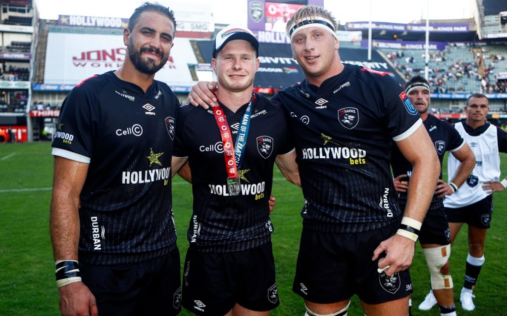 Ethan Hooker alongside his Sharks teammates after being named Man of the Match at Hollywoodbets Kings Park Stadium.