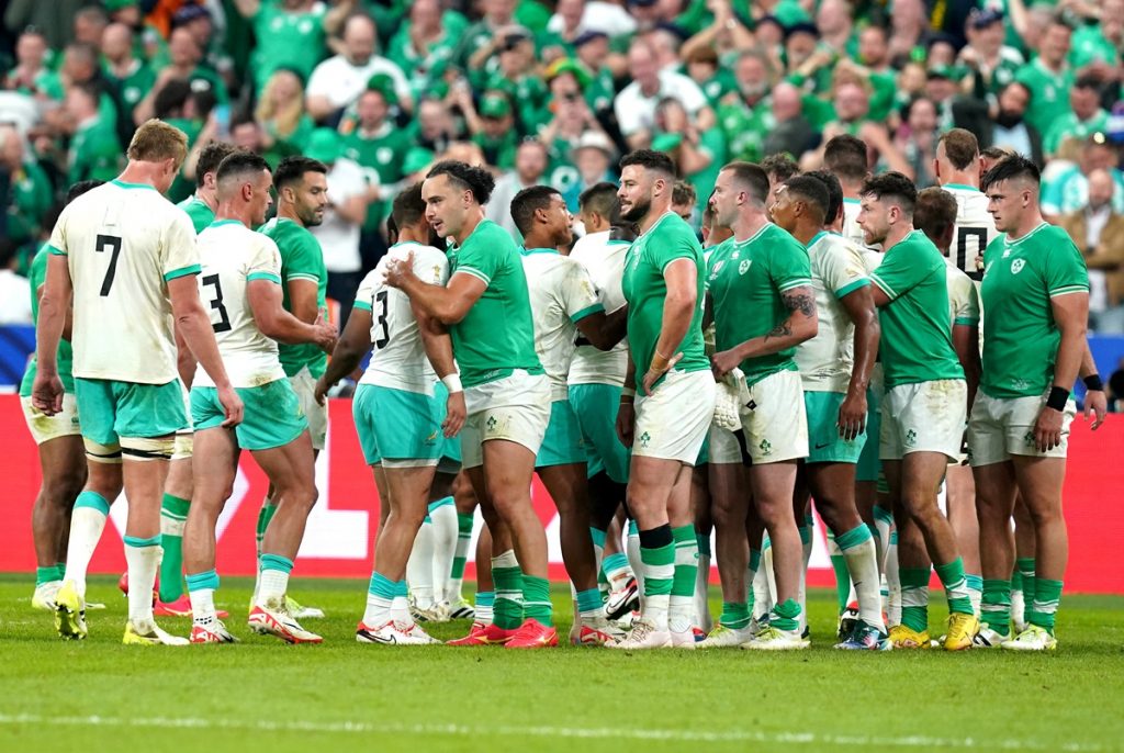 South Africa and Ireland players after the final whistle in the Rugby World Cup 2023, Pool B match at the Stade de France.