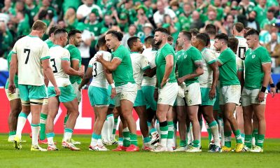 South Africa and Ireland players after the final whistle in the Rugby World Cup 2023, Pool B match at the Stade de France.