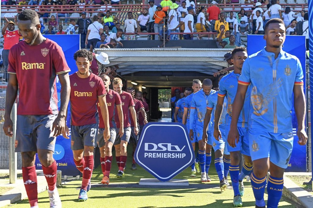 Players enter stadium during the DStv Premiership 2023/24 game between Stellenbosch FC and Royal AM at Danie Craven Stadium.