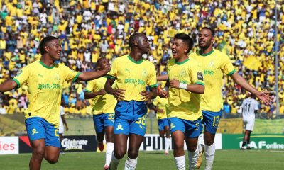 Peter Shalulile of Mamelodi Sundowns celebrates goal during the 2023/24 CAF Champions League Group match between Sundowns and TP Mazembe at the Lucas Moripe Stadium.