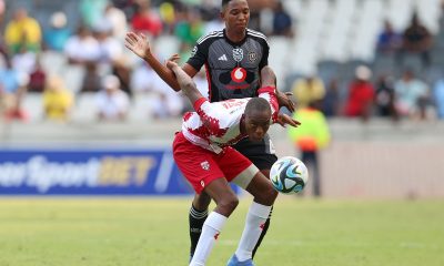 Kgomotso Khoza of Crystal Lake FC challenged by Thalente Mbatha of Orlando Pirates during the 2024 Nedbank Cup at the Mbombela Stadium.