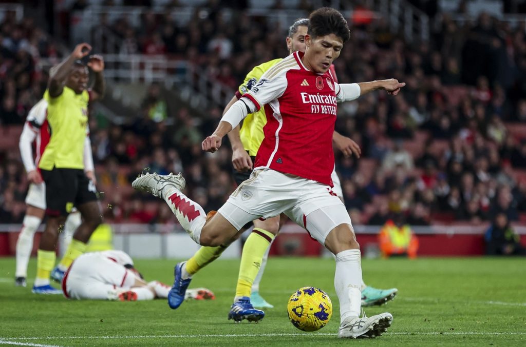 Arsenals Takehiro Tomiyasu in action during the Premier League match at the Emirates Stadium.