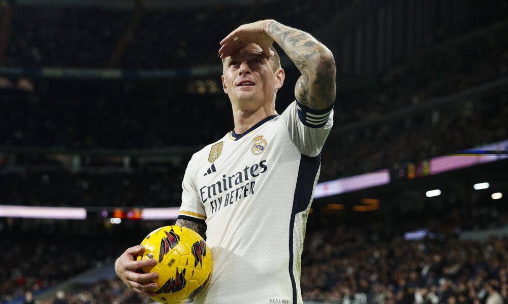 Real Madrid's Toni Kroos reacts during the Spanish LaLiga soccer match between Real Madrid and Granada CF, in Madrid, Spain, 02 December 2023.