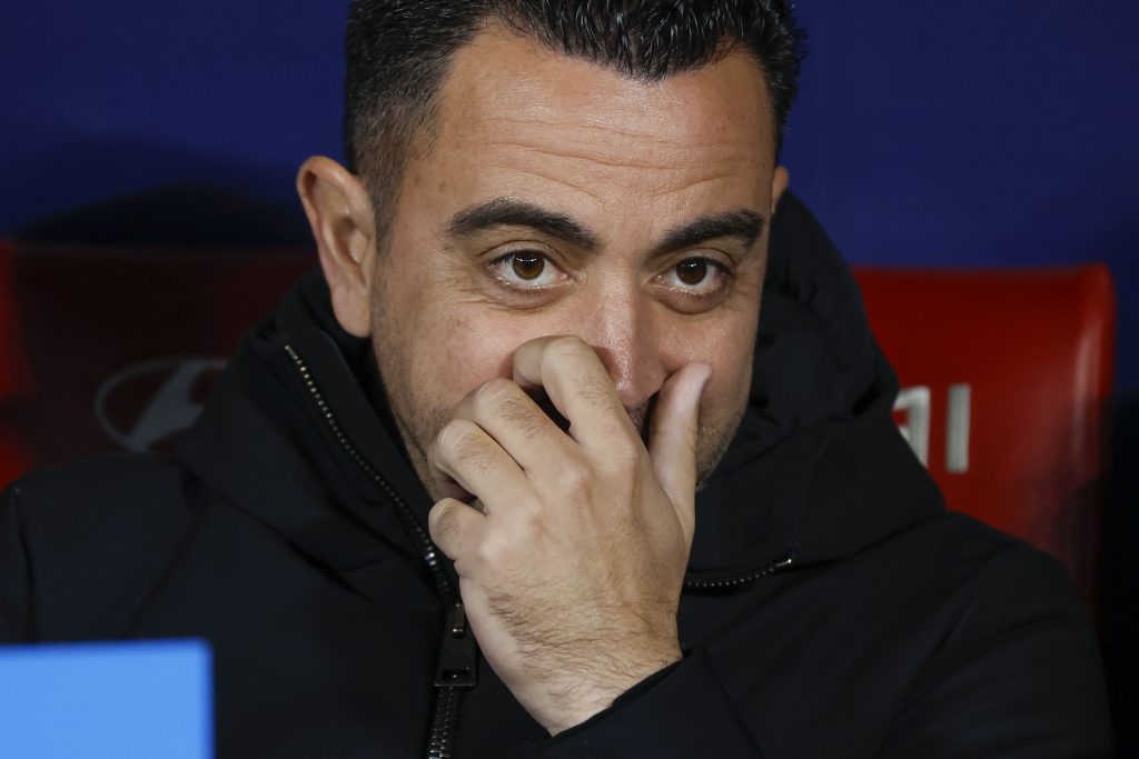 Barcelona's head coach Xavi Hernandez looks on ahead of the Spanish LaLiga soccer match between Atletico Madrid and FC Barcelona in Madrid, Spain, 17 March 2024.