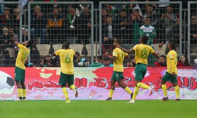 Themba Zwane of South Africa celebrates goal with teammates during the FIFA Series Algeria Edition 2024 match between Algeria and South Africa held at Nelson Mandela Stadium.