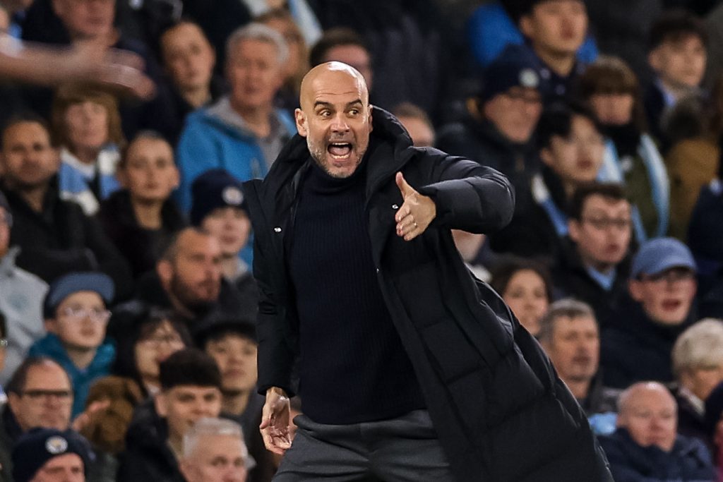 Manchester City manager Pep Guardiola reacts during the English Premier League match between Manchester City and Aston Villa in Manchester, Britain, 03 April 2024.