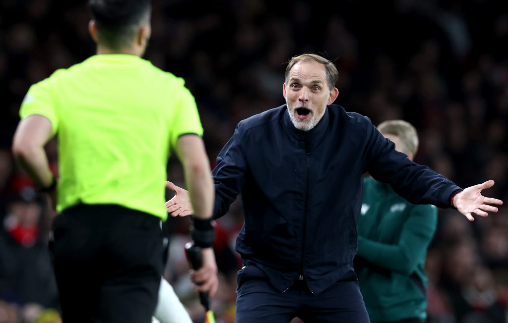 Bayern head coach Thomas Tuchel gestures on the touchline during the UEFA Champions League quarter-finals, 1st leg soccer match between Arsenal FC and FC Bayern Munich, in London, Britain, 09 April 2024.