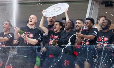 Players of Leverkusen celebrate the German Bundesliga championship after the German Bundesliga soccer match between Bayer 04 Leverkusen and SV Werder Bremen in Leverkusen, Germany, 14 April 2024.