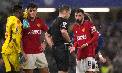 Manchester United's Bruno Fernandes pleads to referee Jarred Gillett after he awards a penalty to Chelsea late in the game during the Premier League match at Stamford Bridge, London.