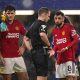 Manchester United's Bruno Fernandes pleads to referee Jarred Gillett after he awards a penalty to Chelsea late in the game during the Premier League match at Stamford Bridge, London.