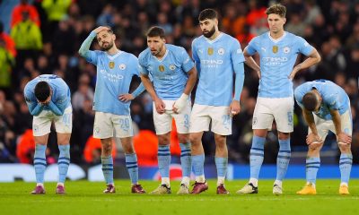 Manchester City players look on dejected during the penalty shoot out following the UEFA Champions League quarter-final, second leg match at the Etihad Stadium, Manchester.