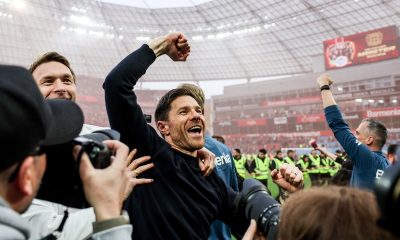 Leverkusen's head coach Xabi Alonso celebrates winning the German Bundesliga championship after the German Bundesliga soccer match between Bayer 04 Leverkusen and SV Werder Bremen in Leverkusen, Germany, 14 April 2024. EPA/CHRISTOPHER NEUNDORF CONDITIONS - ATTENTION: The DFL regulations prohibit any use of photographs as image sequences and/or quasi-video.