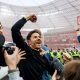 Leverkusen's head coach Xabi Alonso celebrates winning the German Bundesliga championship after the German Bundesliga soccer match between Bayer 04 Leverkusen and SV Werder Bremen in Leverkusen, Germany, 14 April 2024. EPA/CHRISTOPHER NEUNDORF CONDITIONS - ATTENTION: The DFL regulations prohibit any use of photographs as image sequences and/or quasi-video.