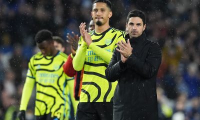 Arsenal manager Mikel Arteta (right) and William Saliba applaud the fans following the Premier League match at Amex Stadium.