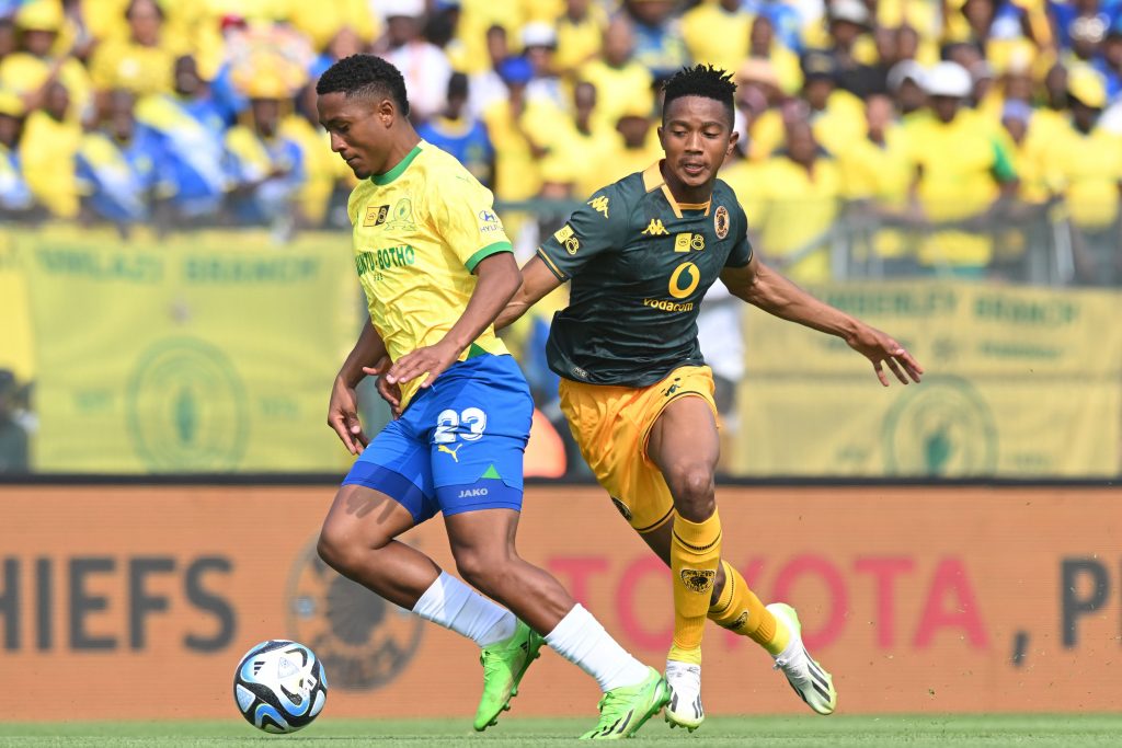 Lucas Ribeiro Costa of Mamelodi Sundowns challenged by Given Msimango of Kaizer Chiefs during the 2023 MTN8 Semi Final 2nd Leg Mamelodi Sundowns and Kaizer Chiefs on the 23 September 2023 at Lucas Moripe Stadium in Atteridgeville