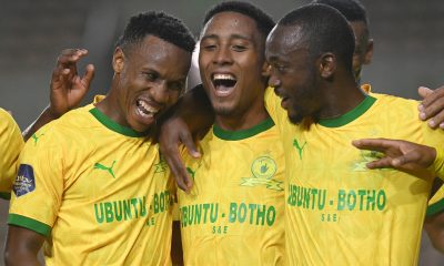 Lucas Rebeiro Costa of Mamelodi Sundowns celebrates with teammates Themba Zwane and Peter Shalulile after scoring from the penlty spot during the DStv Premiership 2023/24 football match between Cape Town Spurs and Mamelodi Sundowns at Athlone Stadium on 9 April 2024