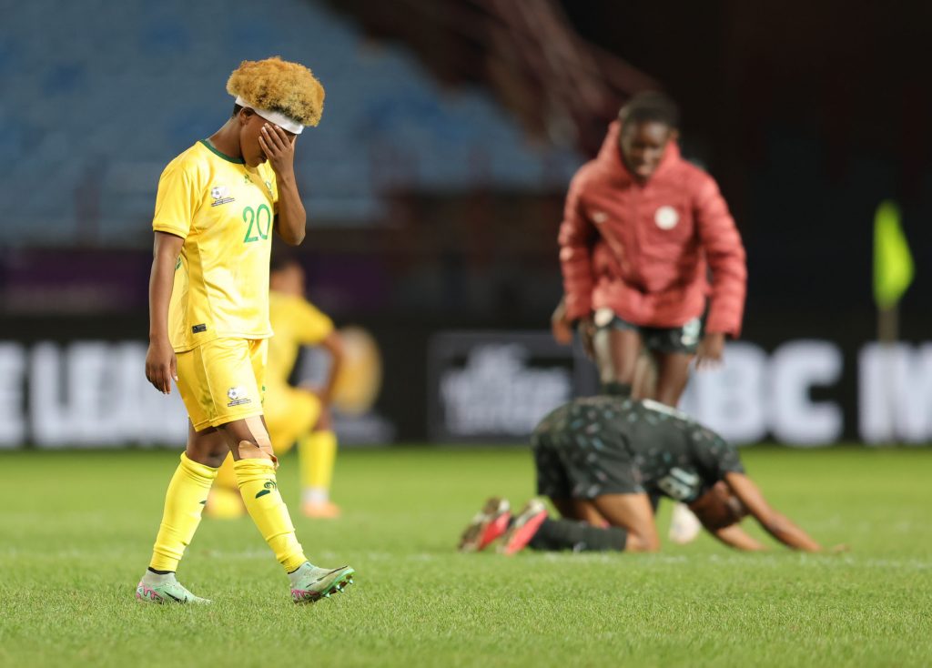 South Africa players dejected during the 2024 Olympics Qualifiers match between South Africa and Nigeria at Loftus Versfeld Stadium in Pretoria on 09 April 2024