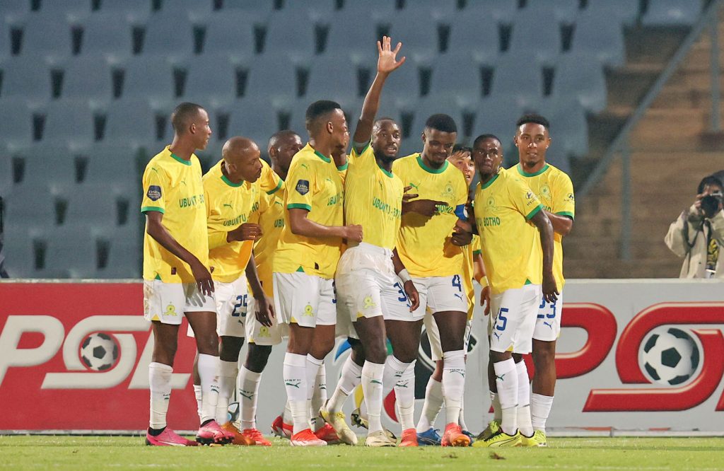 Tebogo Mokoena of Mamelodi Sundowns celebrates goal and reacts in pain during the DStv Premiership 2023/24 match between Moroka Swallows and Mamelodi Sundowns at the Dobsonville Stadium, Soweto on the 15 April 2024