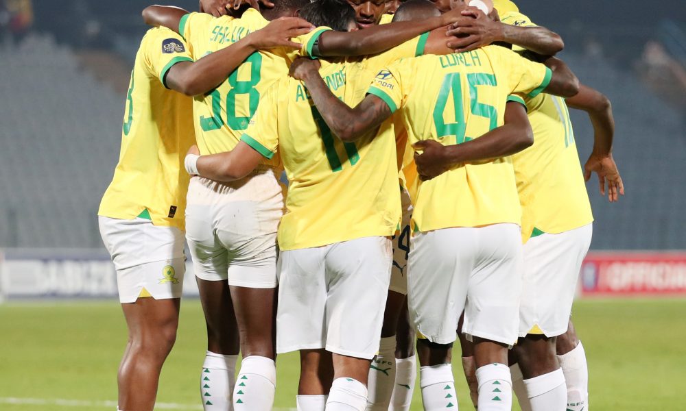 Marcelo Allende of Mamelodi Sundowns celebrates goal with teammates during the DStv Premiership 2023/24 match between Moroka Swallows and Mamelodi Sundowns at the Dobsonville Stadium, Soweto on the 15 April 2024