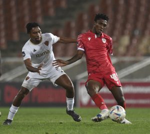 Keletso Sifama of Sekhukhune United FC challenged by Genino Palace of Stellenbosch FC during DStv Premiership 2023/24 match between Sekhukhune United FC and Stellenbosch FC at Peter Mokaba Stadium on the 17 April 2024