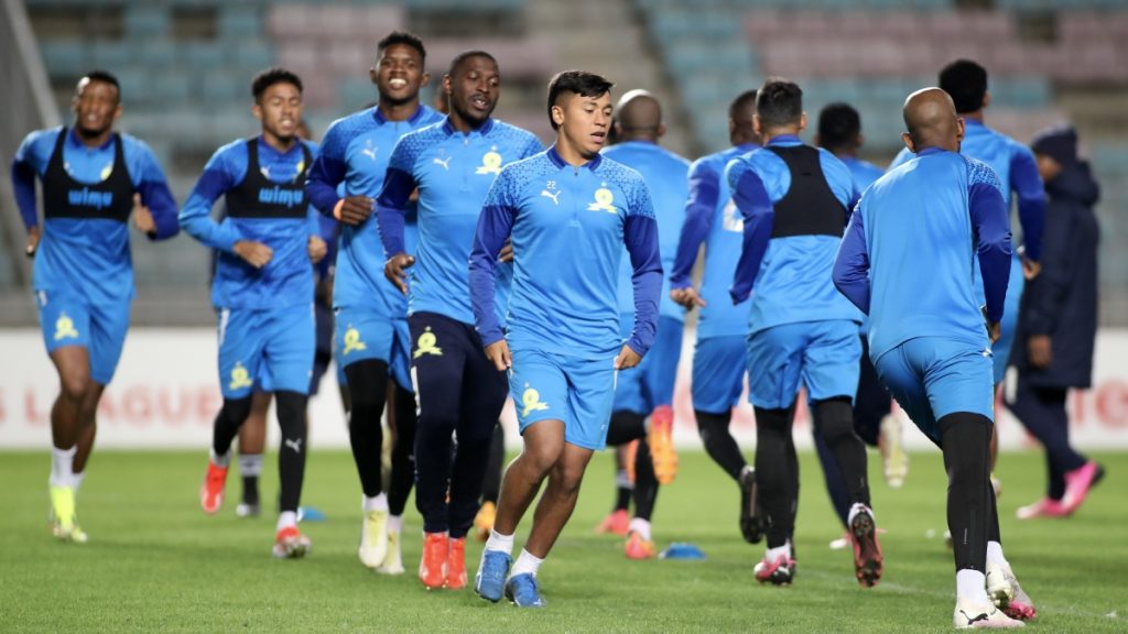 Mamelodi Sundowns players warming up ahead of a Caf Champions League match against Esperance.