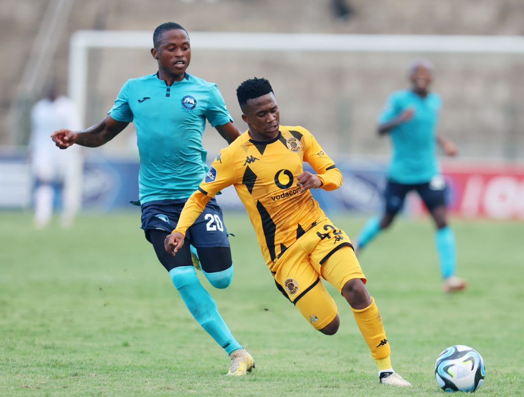 Mduduzi Shabalala of Kaizer Chiefs challenged by Moses Mthembu of Richards Bay during the DStv Premiership 2023/24 match between Richards Bay and Kaizer Chiefs at the King Zwelithini Stadium, Umlazi on the 21 April 2024