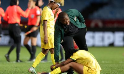 Dejected South Africa players after the 2024 Olympics qualifier between Banyana Banyana and Nigeria at Loftus Versfeld Stadium.