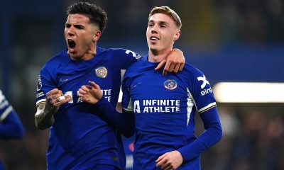 Chelsea's Cole Palmer (right) celebrates scoring their side's second goal of the game with team-mate Enzo Fernandez during the Premier League match at Stamford Bridge, London. Picture date: Monday March 11, 2024.