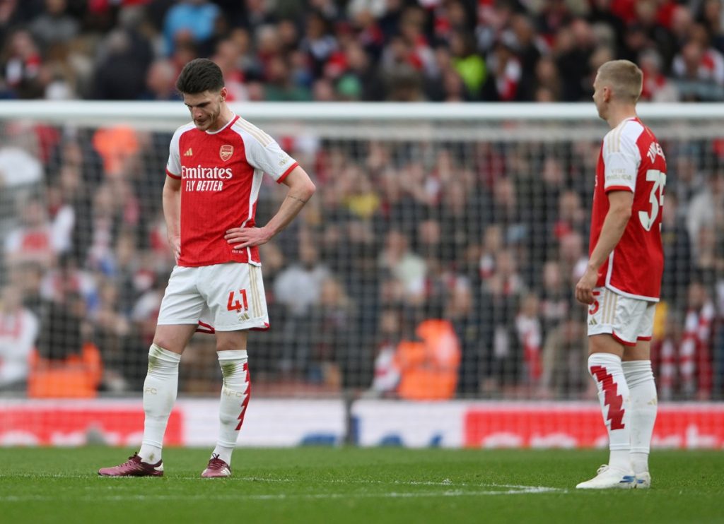 Arsenal’s Declan Rice and Oleksandr Zinchenko stand dejected as Aston Villa score their second goal during the English Premier League soccer match between Arsenal FC and Aston Villa.