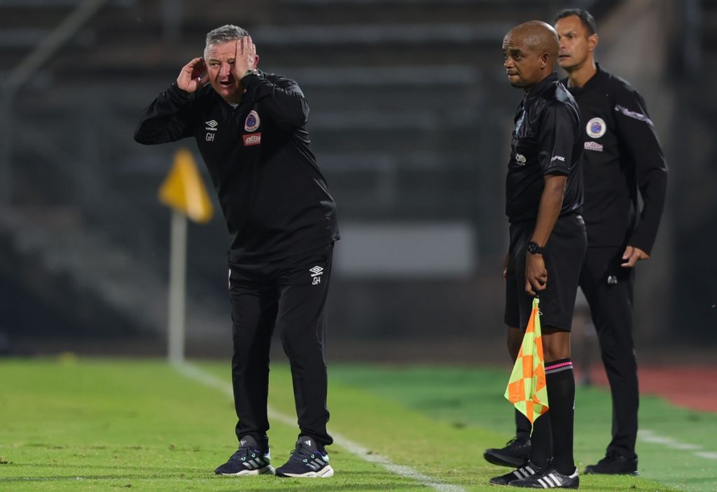Gavin Hunt, head coach of Supersport United reacts during the DStv Premiership 2023/24 match between Supersport United and Polokwane City at Lucas Moripe Stadium in Pretoria on 17 April 2024