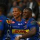 Warrick Gelant of the Stormers celebrates his try with teammate Manie Libbok during the United Rugby Championship 2023/24 game between the Stormers and Leinster at Cape Town Stadium.