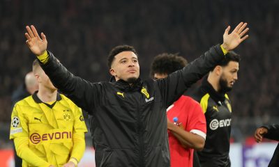 Dortmund's Jadon Sancho celebrates after the UEFA Champions League Round of 16, 2nd leg soccer match between Borussia Dortmund and PSV Eindhoven, in Dortmund, Germany, 13 March 2024