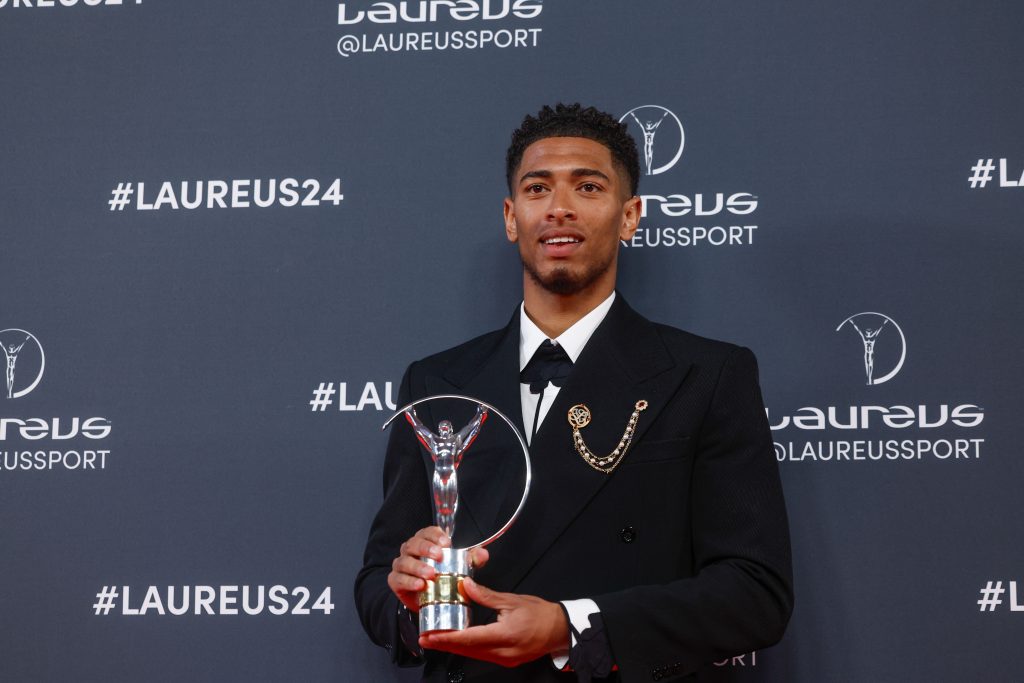 Real Madrid's Jude Bellingham poses after receiving the 2024 Laureus World Breakthrough of the Year Award during the 2024 Laureus World Sports Awards ceremony, in Madrid, Spain, 22 April 2024.