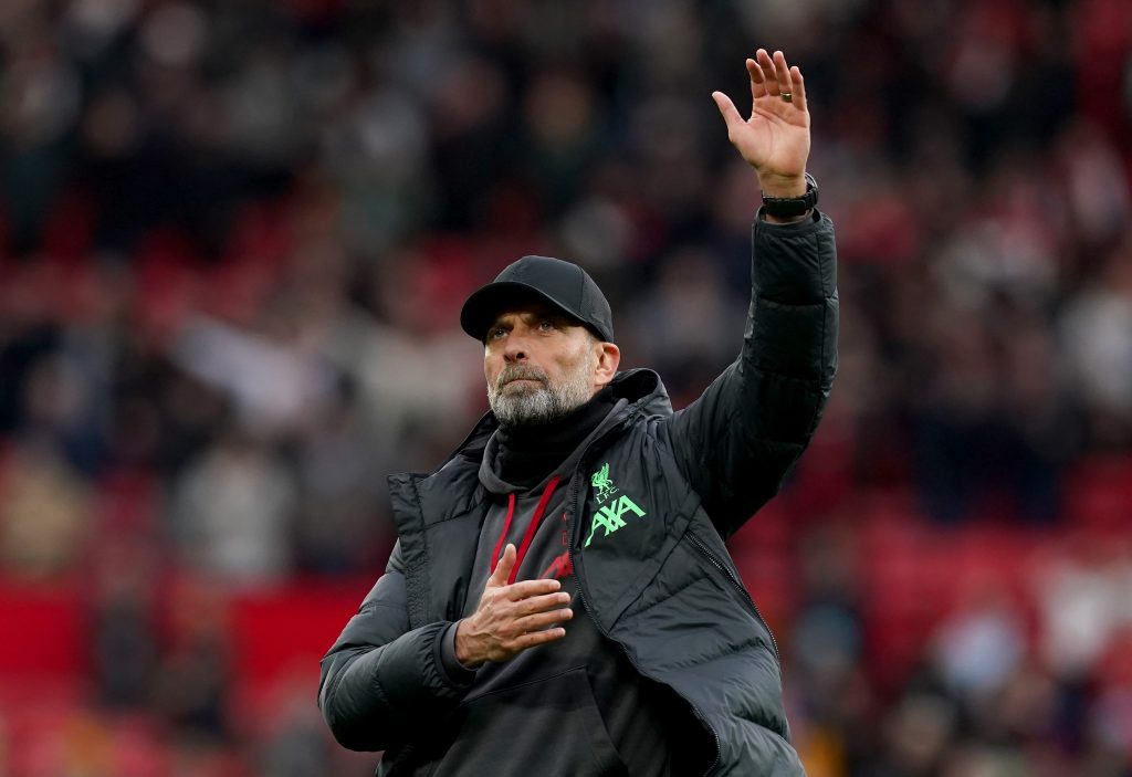 iverpool manager Jurgen Klopp salutes the fans after the Premier League match at Old Trafford,