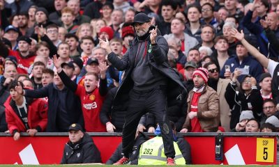 Liverpool's manager Jurgen Klopp gestures during the English Premier League soccer match between Manchester United and Liverpool at Old Trafford.