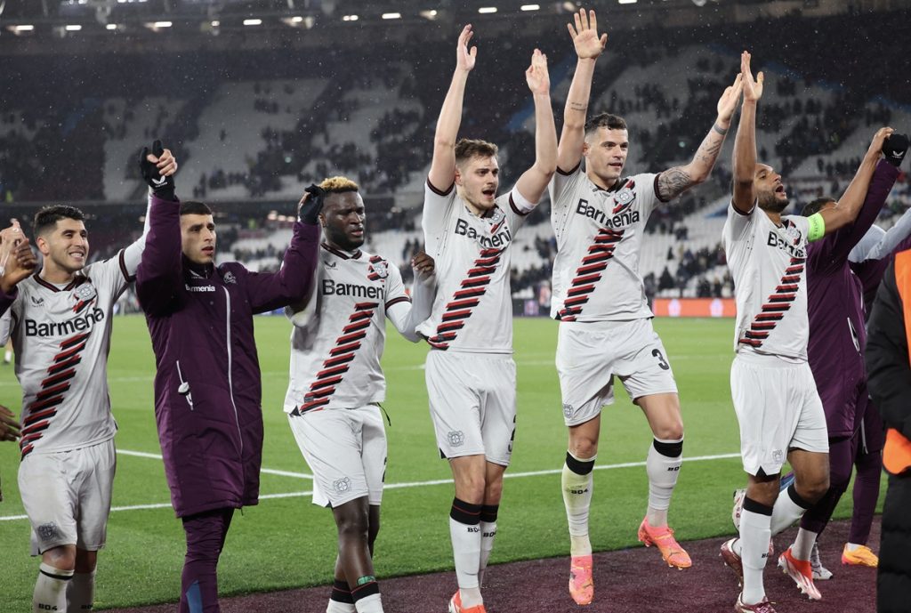 Players of Leverkusen celebrate after the UEFA Europa League quarter final, 2nd leg soccer match West Ham United against Bayer 04 Leverkusen.