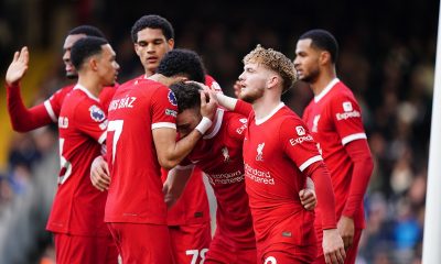Liverpool's Diogo Jota celebrates with team-mates afterscoring their side's third goal of the game during the Premier League match at Craven Cottage, London. Picture date: Sunday April 21, 2024.