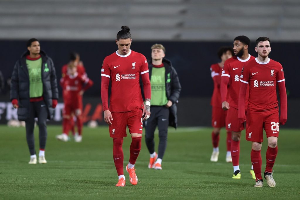 Disappointed Liverpool players after the UEFA Europa League quarterfinal 2nd leg soccer match between Atalanta BC and Liverpool FC at the Bergamo Stadium in Bergamo, Italy, 18 April 2024. EPA/MICHELE MARAVIGLIA