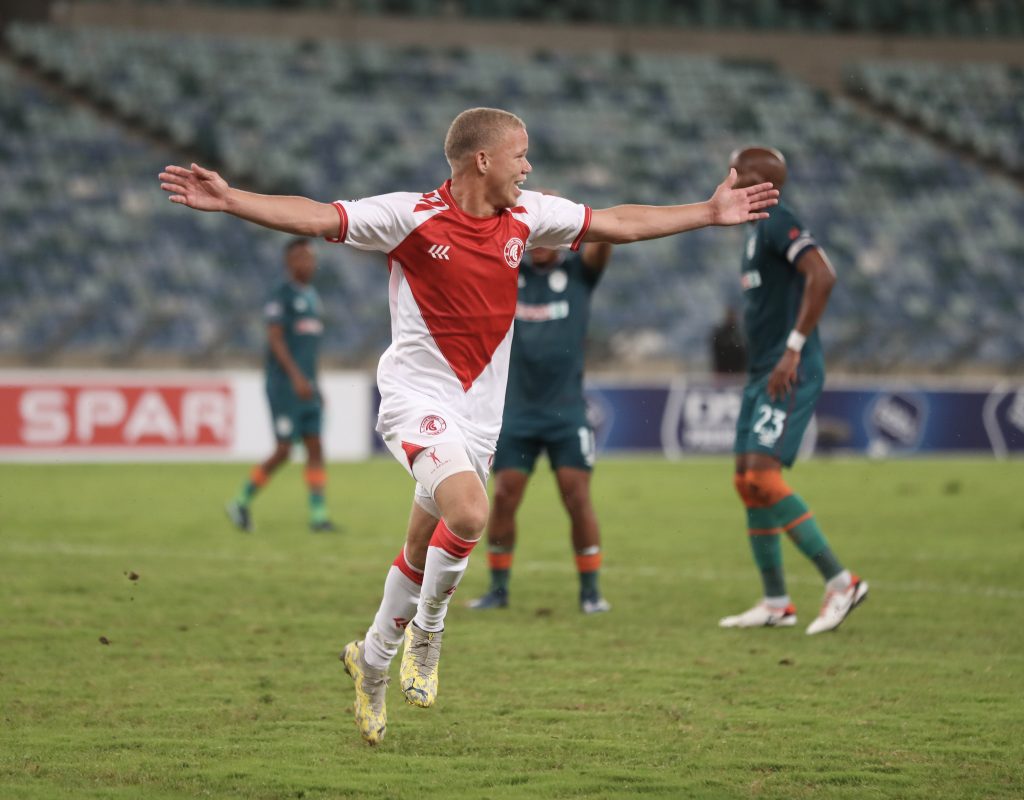 Luke Baartman of Cape Town Spurs celebrates goal during the DStv Premiership 2023/24 football match between AmaZulu and Cape Town Spurs at Moses Mabhida Stadium, Durban on 22 December 2023