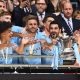 Manchester City's Nathan Ake, Rico Lewis, Kyle Walker, Ilkay Gundogan, and goalkeeper Ederson celebrate with the FA Cup trophy after winning the FA Cup final soccer match between Manchester City and Manchester United, in London, Britain, 03 June 2023. EPA/ANDY RAIN EDITORIAL USE ONLY. No use with unauthorized audio, video, data, fixture lists, club/league logos or 'live' services. Online in-match use limited to 120 images, no video emulation. No use in betting, games or single club/league/player publications.
