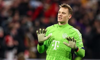 Goalkeeper Manuel Neuer of Bayern reacts after the team's first goal during the UEFA Champions League quarter final, 2nd leg match between Bayern Munich and Arsenal in Munich, Germany, 17 April 2024.