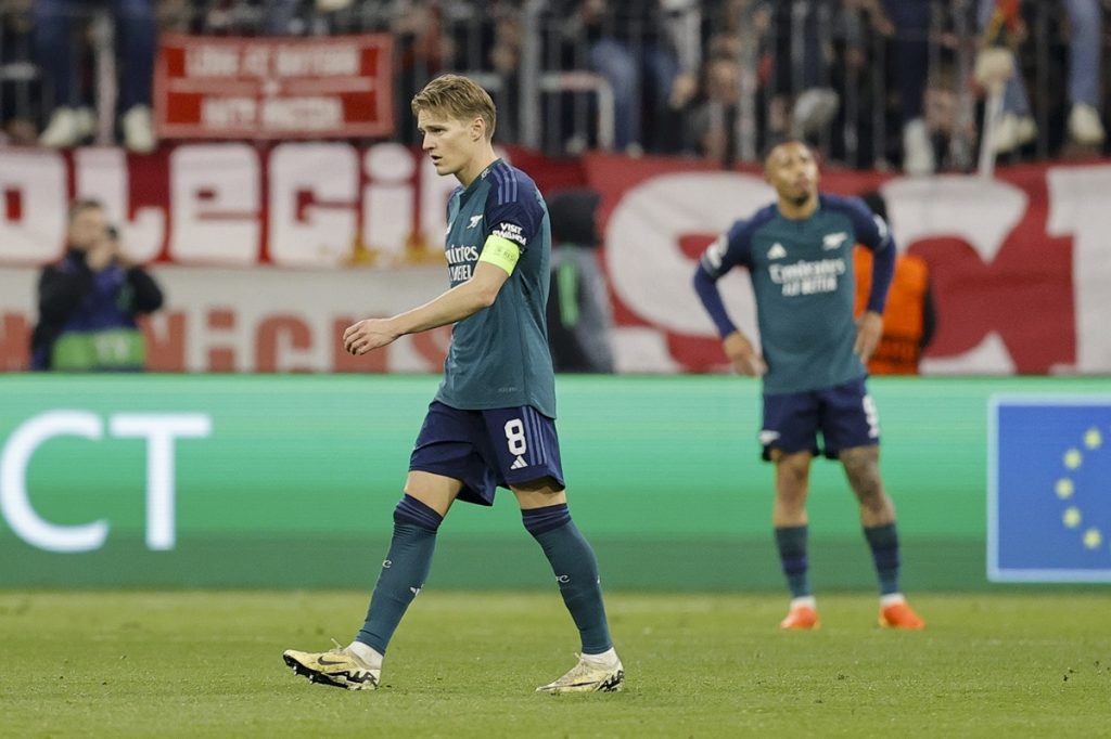 Arsenal's Martin Odegaard reacts after the UEFA Champions League quarter final, 2nd leg match between Bayern Munich and Arsenal.