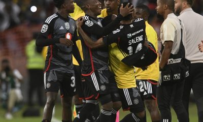 Kabelo Dlamini of Orlando Pirates celebrates with teammates during 2024 Nedbank Cup Quater Finals match between AmaZulu FC and Orlando Pirates at Moses Mabhida Stadium on the 13 April 2024