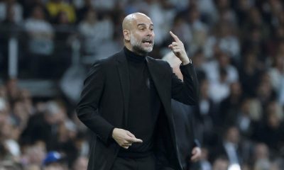 Manchester City's head coach Pep Guardiola gestures during the UEFA Champions League quarter finals first leg soccer match soccer match between Real Madrid and Manchester City.